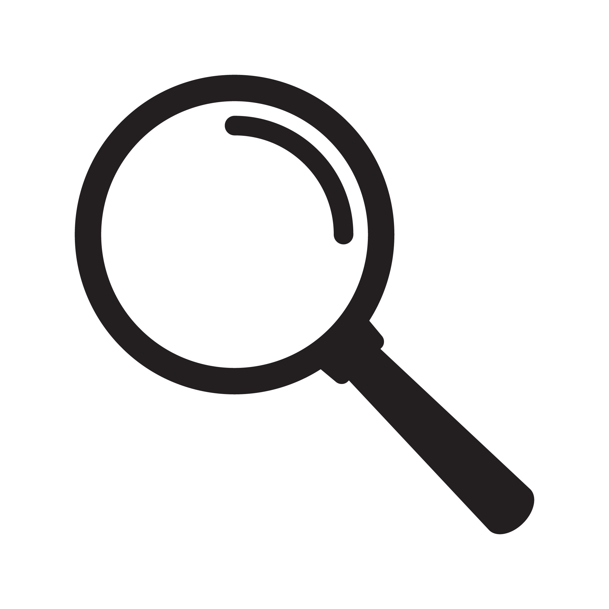 A magnifying glass icon in black.
